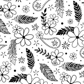 flowers feathers paislies doodle black and white