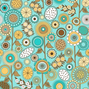 Scandinavian Mid Century Modern (MCM) Field of Flowers // Yellow, Turquoise, Brown, White // V1 // Large Scale - 343 DPI