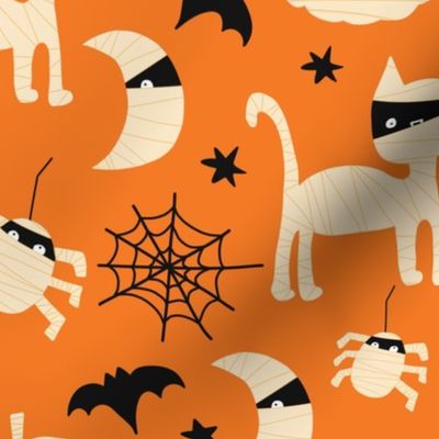 Cute Halloween Animals - Cat, Moon, Spider, Pumpkin, Bats in Mummy Costumes on Orange - Large
