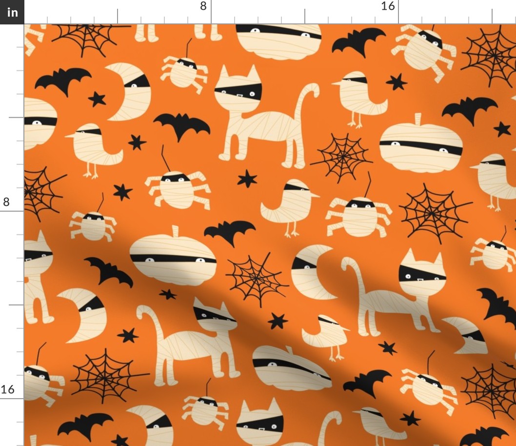 Cute Halloween Animals - Cat, Moon, Spider, Pumpkin, Bats in Mummy Costumes on Orange - Large