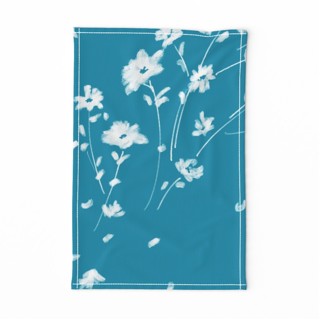 Large Breezy Hand-Painted Daisies | Blue #008FAF | White