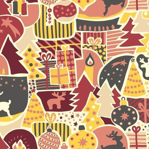Modern Paper Cut Christmas pink, gray, yellow, red
