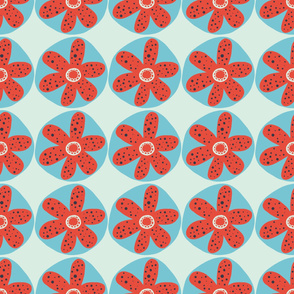 Large Red Flowers In Blue Circles.