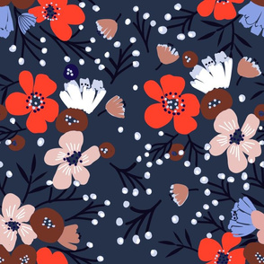 Nordic navy Scandi flowers on deep navy. Pops of bright colours on deep navy.