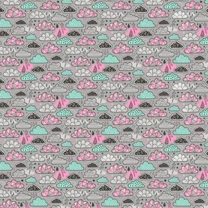 Clouds Bolts Lightning Raindrops Geometric Patterned Cloud Doodle Pink Mint Green on Grey Tiny Small 