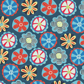 Scandinavian Doodle Flowers Red and Blue