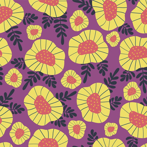 Abstract yellow and blue Scandinavian flowers on purple