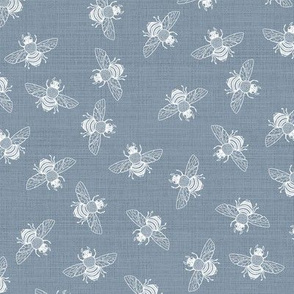 More Ditsy Bees White on Blue Grey Linen