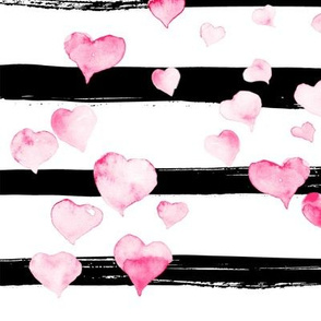 Large // Pink Watercolor Hearts on Black Stripes
