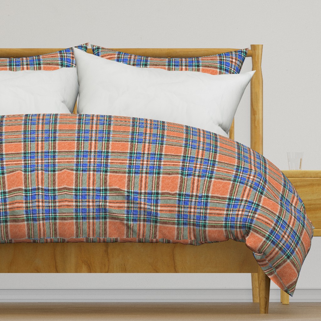 Autumn Ruby Orange + Blue Stewart Plaid linen-weave by Su_G_©SuSchaefer