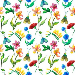 Flowers and moth watercolor floral seamless background on white