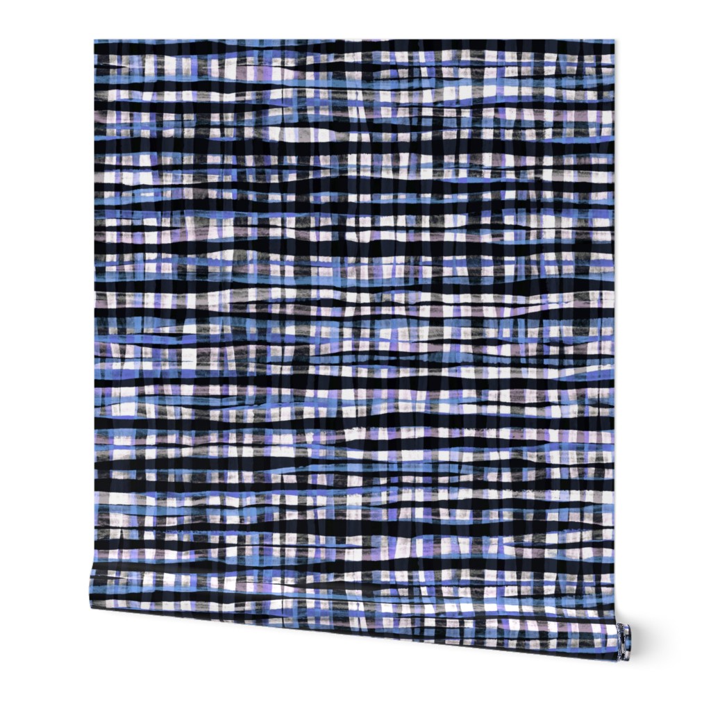 Hand Painted Rustic Plaid Check in Purple, Black & White