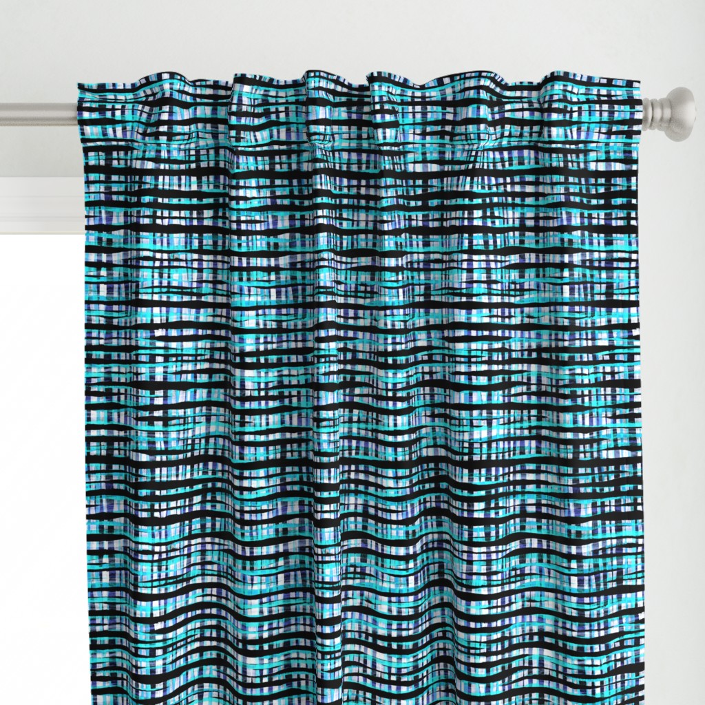 Hand Painted Rustic Plaid Check in Aqua, Indigo, Black & White