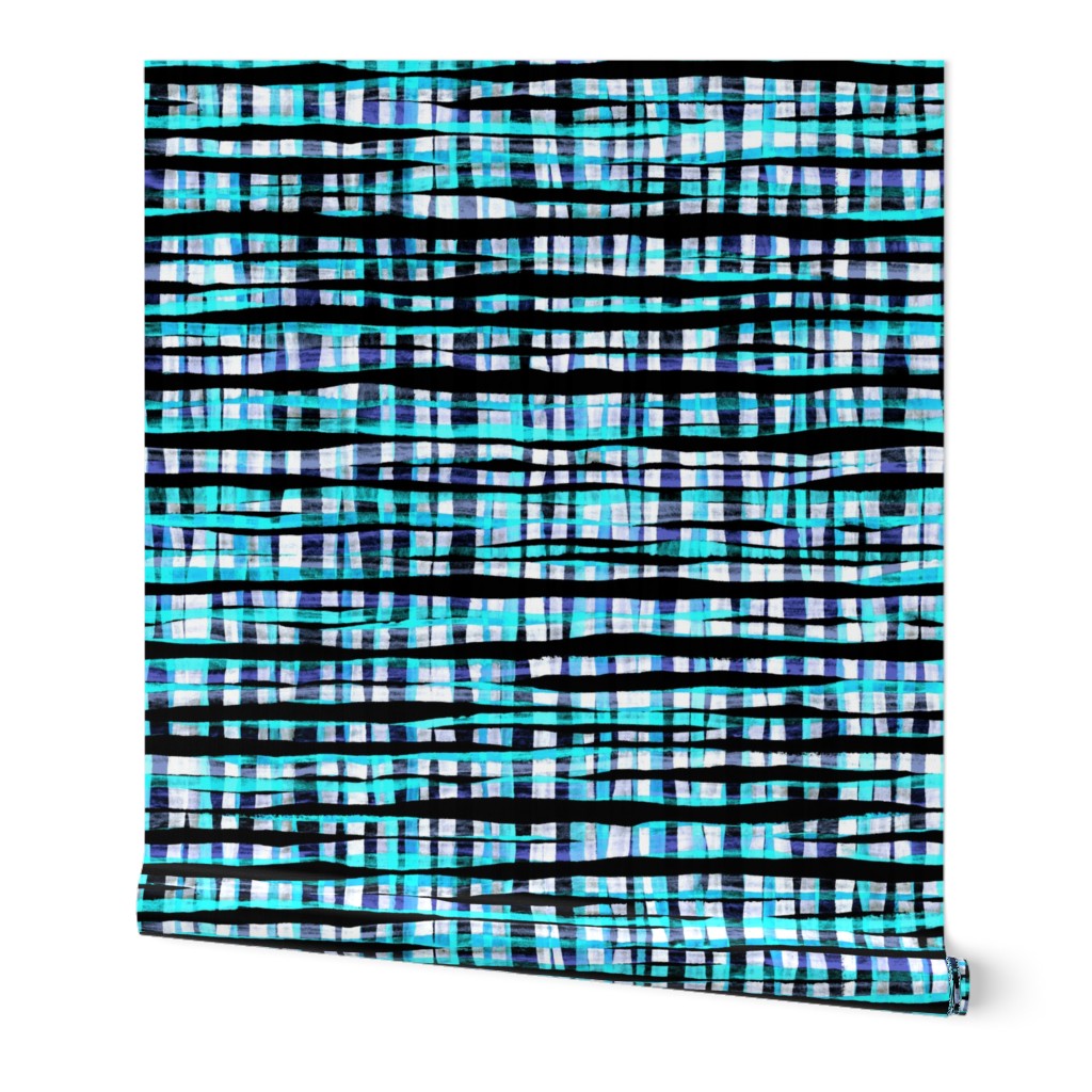 Hand Painted Rustic Plaid Check in Aqua, Indigo, Black & White