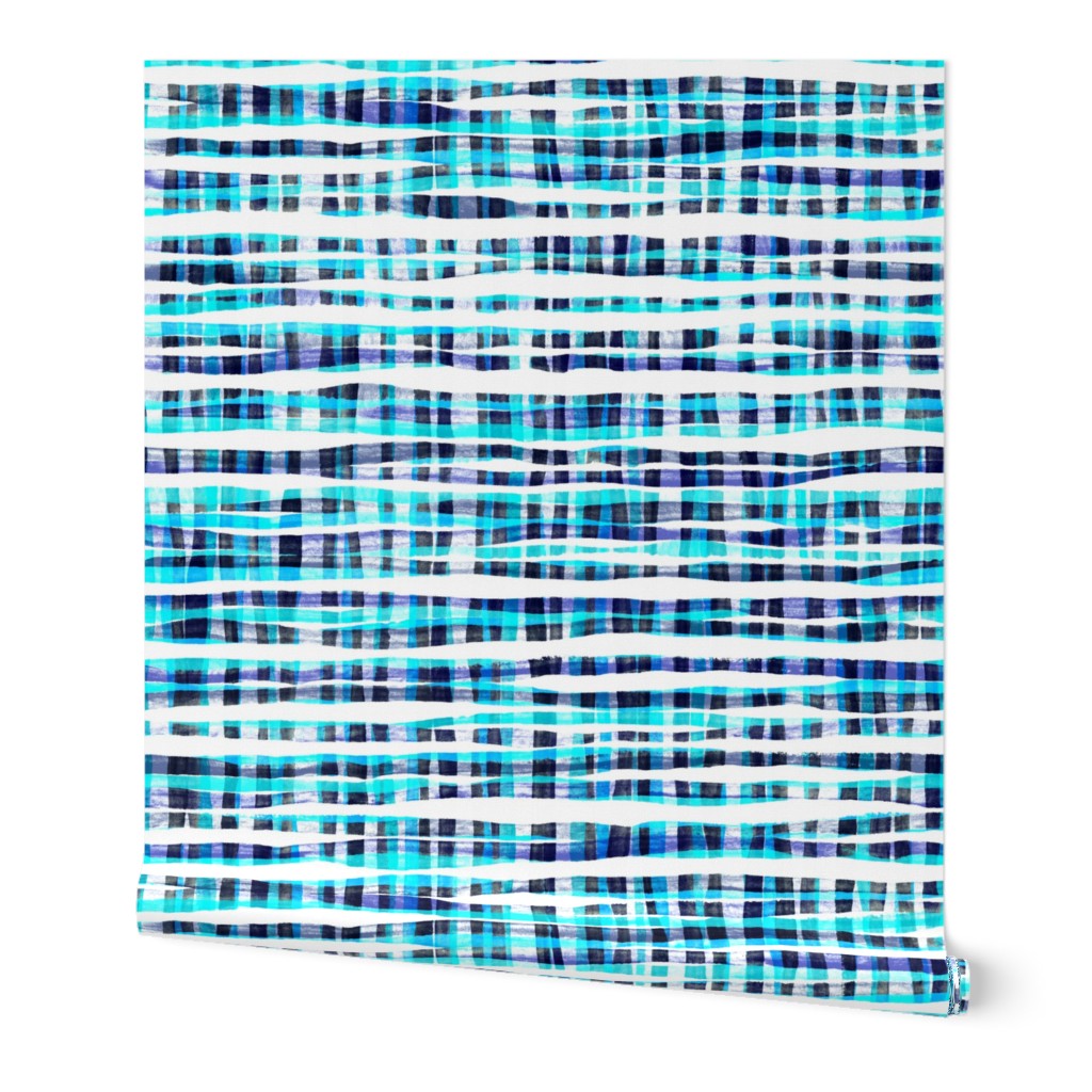 Hand Painted Rustic Plaid Check in Aqua, Indigo & White