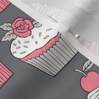 Cupcakes with strawberry,cherries,flower&hearts Pink on Grey Larger 3 inch