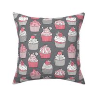 Cupcakes with strawberry,cherries,flower&hearts Pink on Grey Larger 3 inch