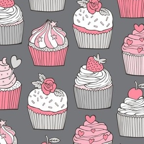 Cupcakes with strawberry,cherries,flower&hearts Pink on Grey Larger 3 inch