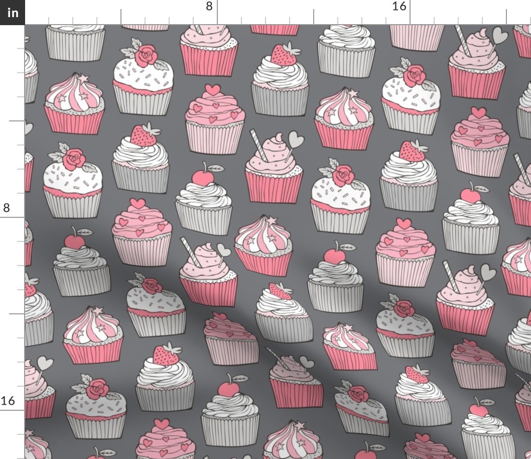 Cupcakes with strawberry,cherries,flower&hearts Pink on Grey Larger 3 inch