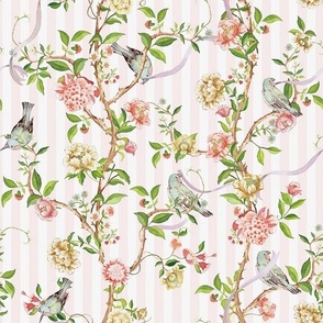  Antique Rococo Chinoiserie Flower Peony Trees With  Flying Birds And Butterflies on pink and white Stripes - SMALL WALLPAPER 6" from 24" 