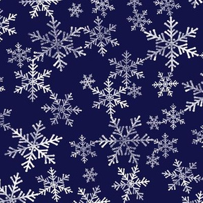 Midnight Blue and White Lino Print Snowflakes Pattern