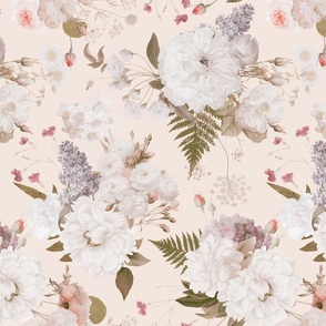 14" Pastel Antique Spring Flowers Bouquets, Antique Spring Flower Fabric - blush single layer - SMALLER WALLPAPER 12" from 24" 