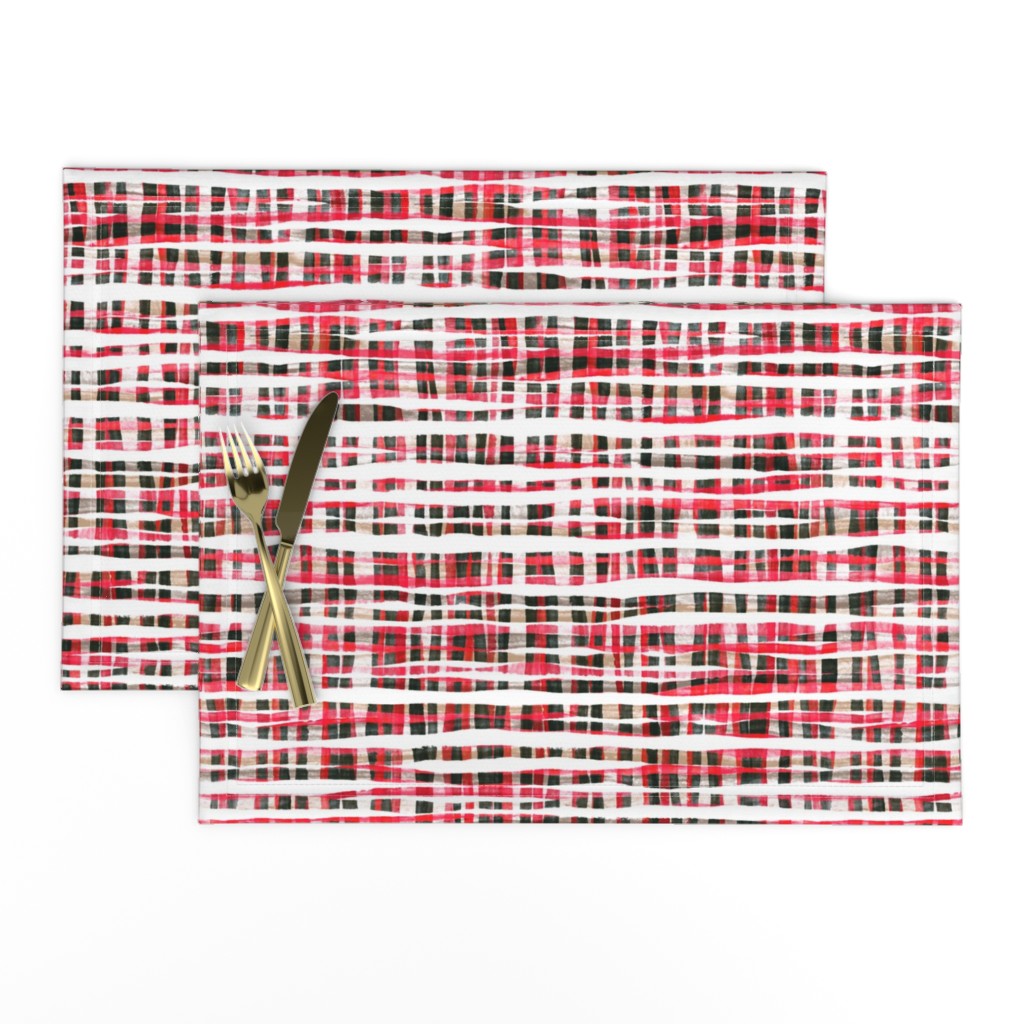 Hand Painted Rustic Plaid Check in Red, Black and White