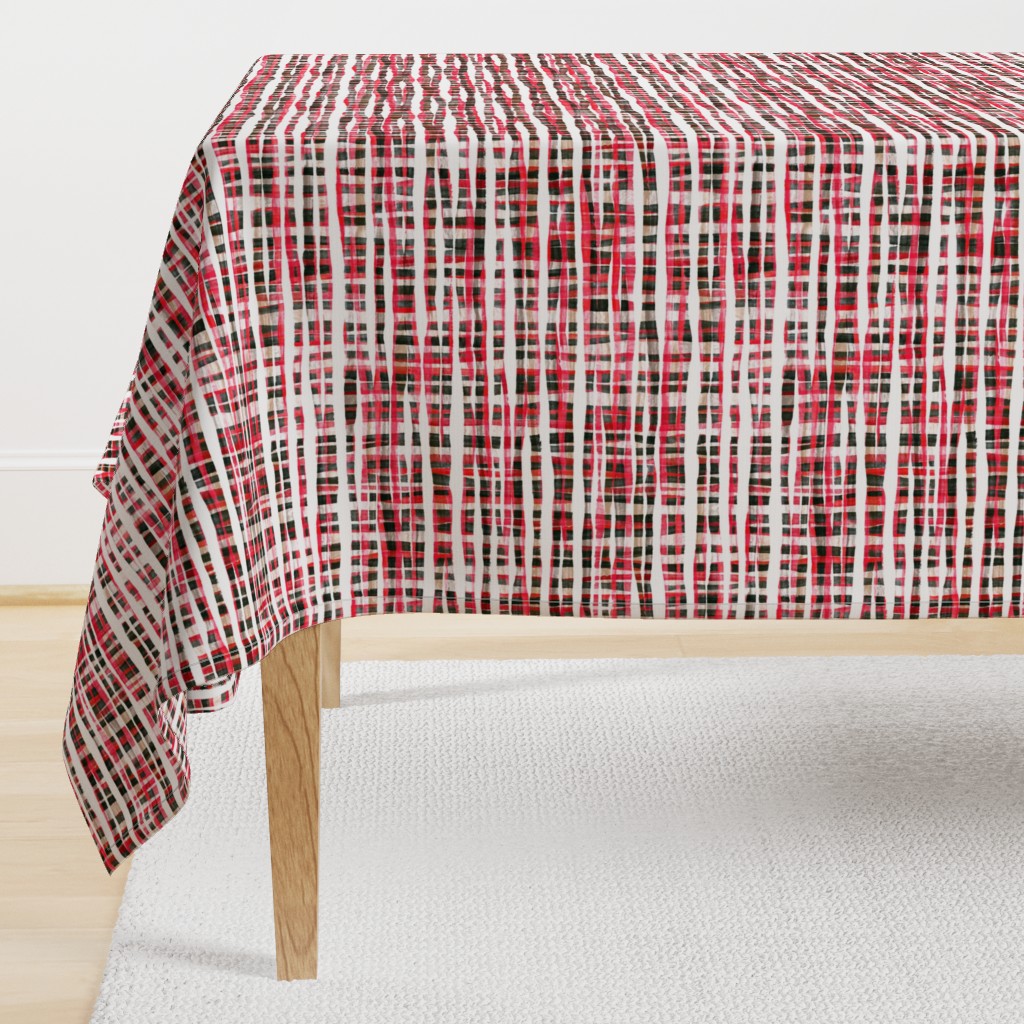 Hand Painted Rustic Plaid Check in Red, Black and White