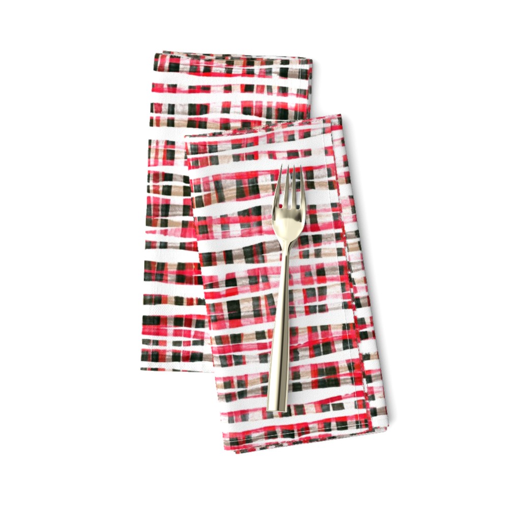 Hand Painted Rustic Plaid Check in Red, Black and White