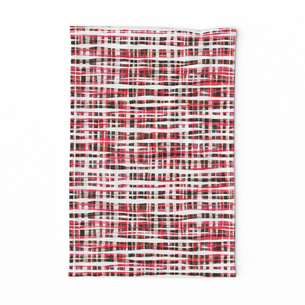 Hand Painted Rustic Plaid Check in Red, Black and White