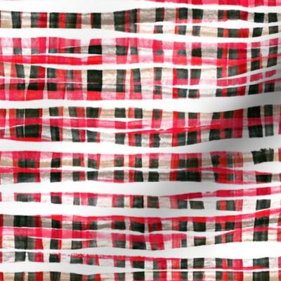 Hand Painted Rustic Plaid Check in Red, Black and White