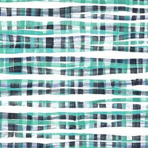 Hand Painted Rustic Plaid Check in Green, Grey and White