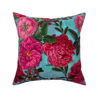Nostalgic Enchanting Pink Pierre-Joseph Redouté  Roses,Antique Flowers Bouquets, vintage home decor,  English Roses Fabric on turquoise teal