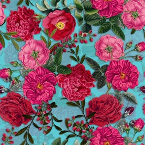 Nostalgic Enchanting Pink Pierre-Joseph Redouté  Roses,Antique Flowers Bouquets, vintage home decor,  English Roses Fabric on turquoise teal