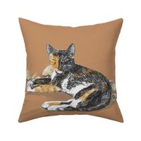 Calico Cat on Brown for Pillow