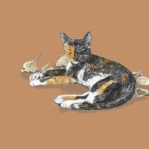 Calico Cat on Brown for Pillow