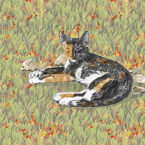 Calico Cat on Green Wildflower Field for Pillow