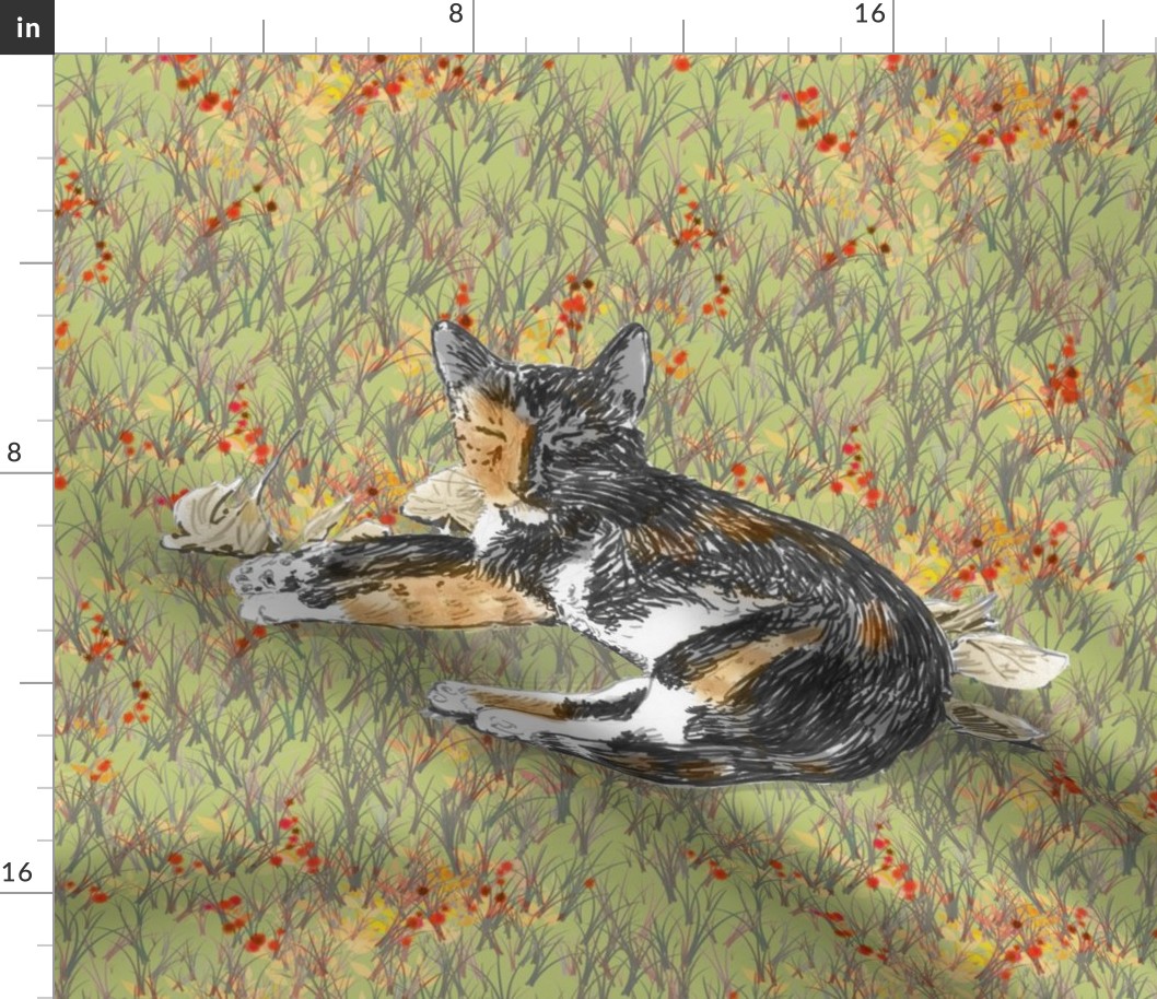 Calico Cat on Green Wildflower Field for Pillow