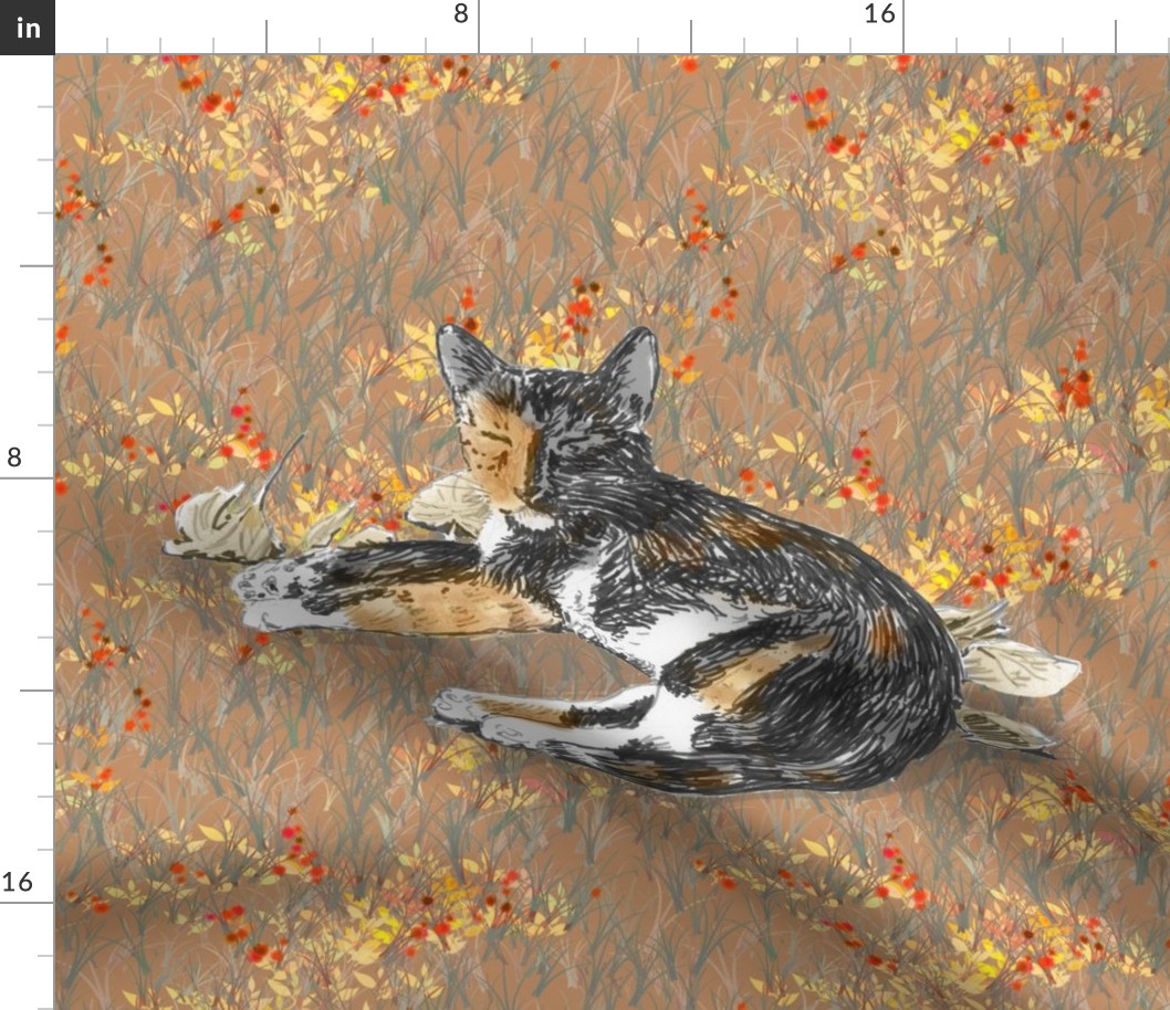 Calico Cat on Autumn Wildflower Field for Pillow