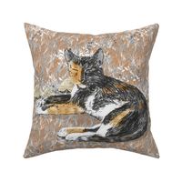 Calico Cat on Frostbitten Wildflower Field for Pillow