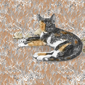 Calico Cat on Frostbitten Wildflower Field for Pillow