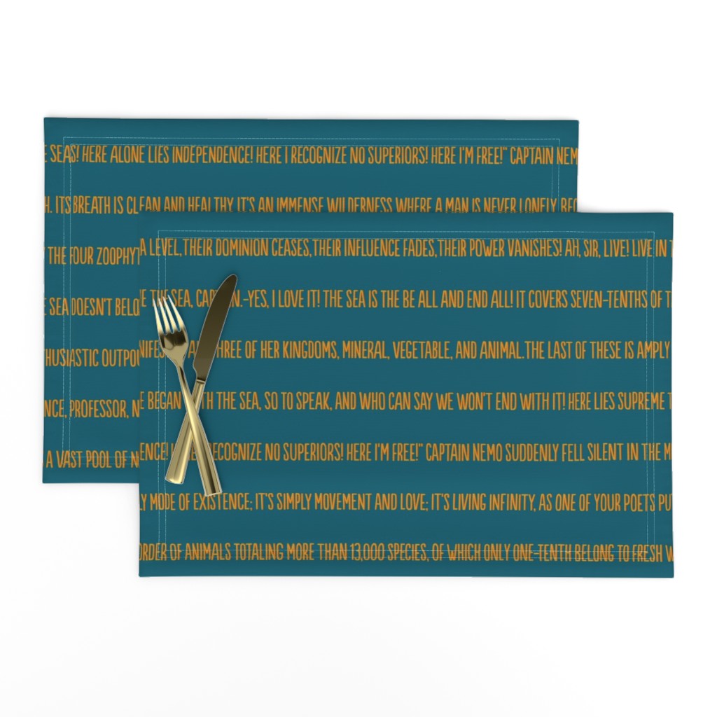 ★ 20,000 LEAGUES UNDER THE SEA ★ Jules Verne’s Quote – Saffron Yellow & Terracotta on Lagoon Blue, Large Scale / Collection : French Style :) Words & Breton Stripes Prints