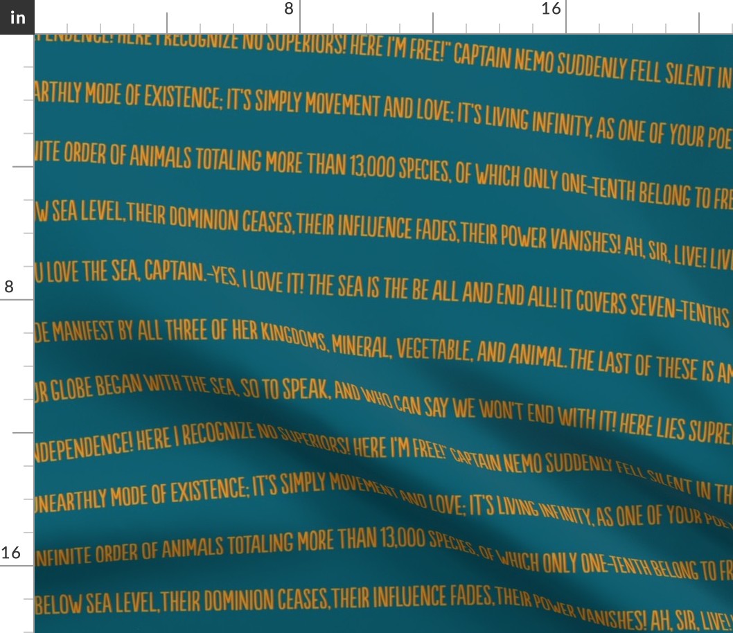 ★ 20,000 LEAGUES UNDER THE SEA ★ Jules Verne’s Quote – Saffron Yellow & Terracotta on Lagoon Blue, Large Scale / Collection : French Style :) Words & Breton Stripes Prints