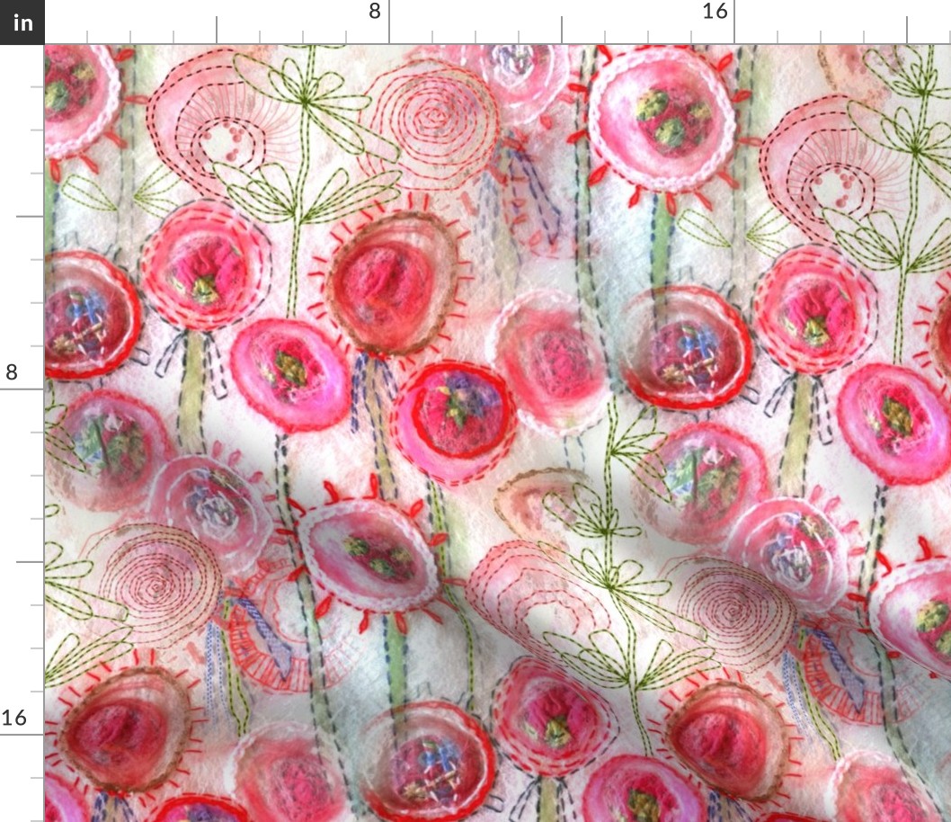 Wedding, Bridal Florals in Romantic candy Pink embroidery stitches Large scale