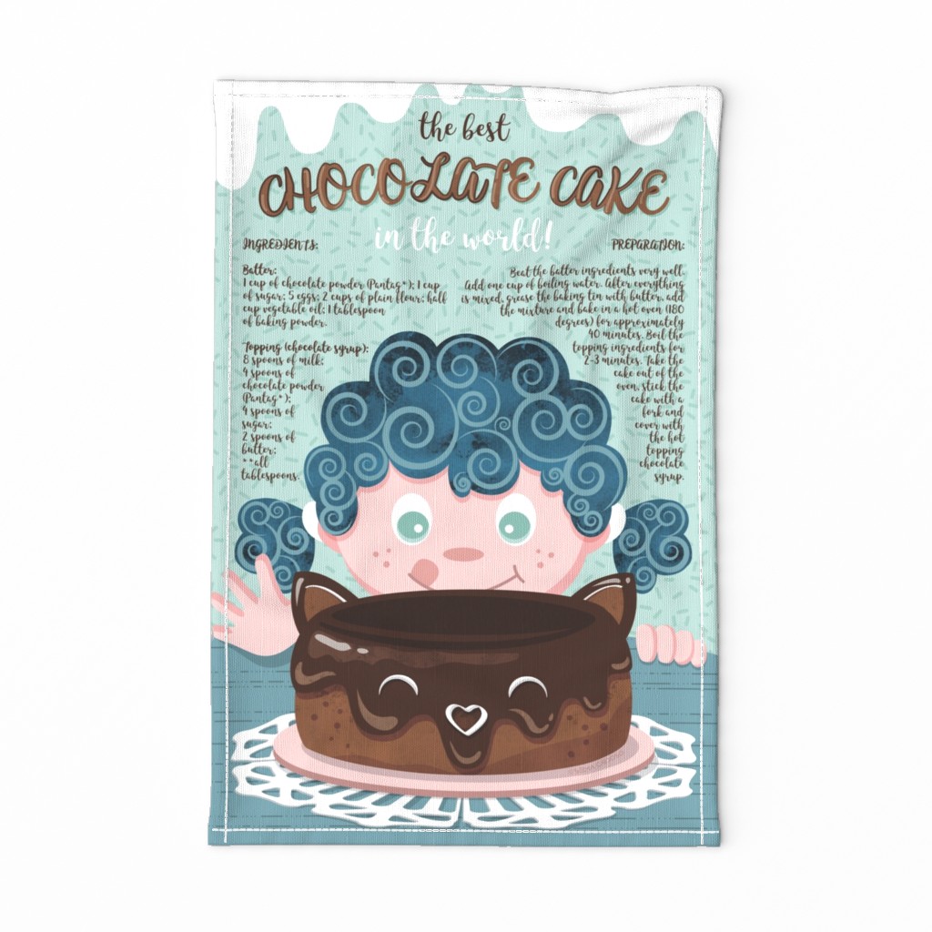 The best chocolate cake recipe tea towel // dark hair sweet little girl