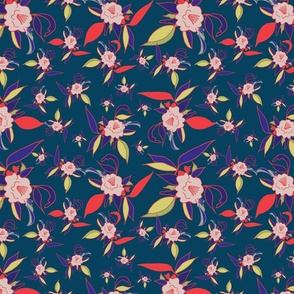 Floral Punch Retro Modern Floral Print - Navy Blue