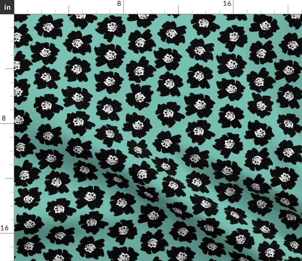 2" Flower pop - floral pop fabric, floral fabric, bright bold fabric, floral wallpaper, retro wallpaper, large curtain fabric, mod wallpaper, large scale wallpaper, scandi retro florals, retro floral wallpaper, - minty blue