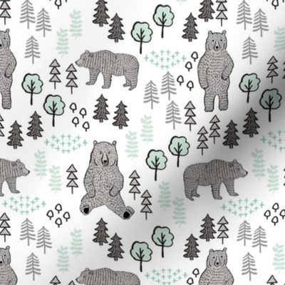 woodland bear fabric, bear wallpaper, nursery wallpaper, cute bear wallpaper, bear design, nursery fabric by the yard, nursery fabric, andrea lauren fabric - mint