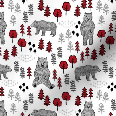 woodland bear fabric, bear wallpaper, nursery wallpaper, cute bear wallpaper, bear design, nursery fabric by the yard, nursery fabric, andrea lauren fabric - red and grey