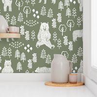 woodland bear fabric, bear wallpaper, nursery wallpaper, cute bear wallpaper, bear design, nursery fabric by the yard, nursery fabric, andrea lauren fabric - olive